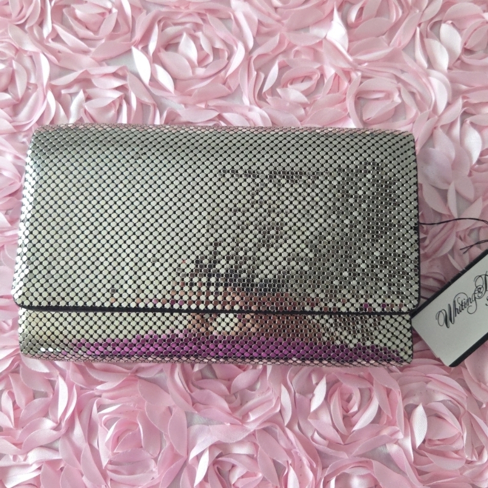 Vintage WHITING & DAVIS Convertble  Clutch Silver Metal Mesh Silver Chain 8 X 5”